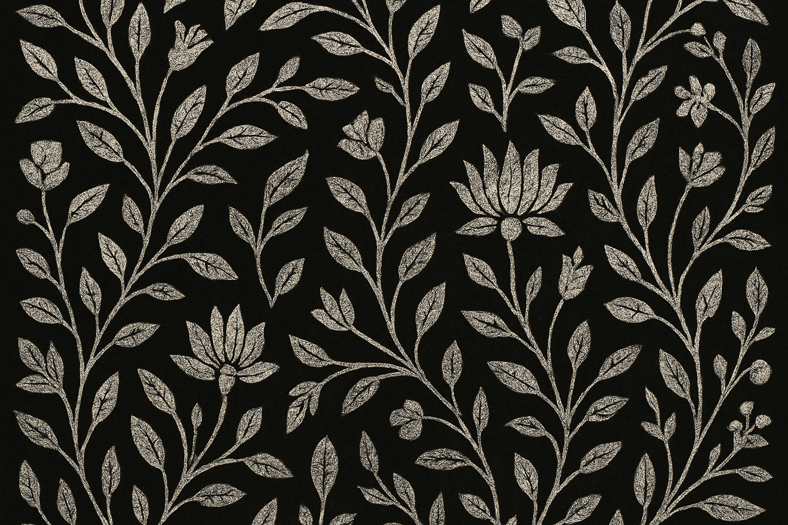 White block print with leaves on black fabric