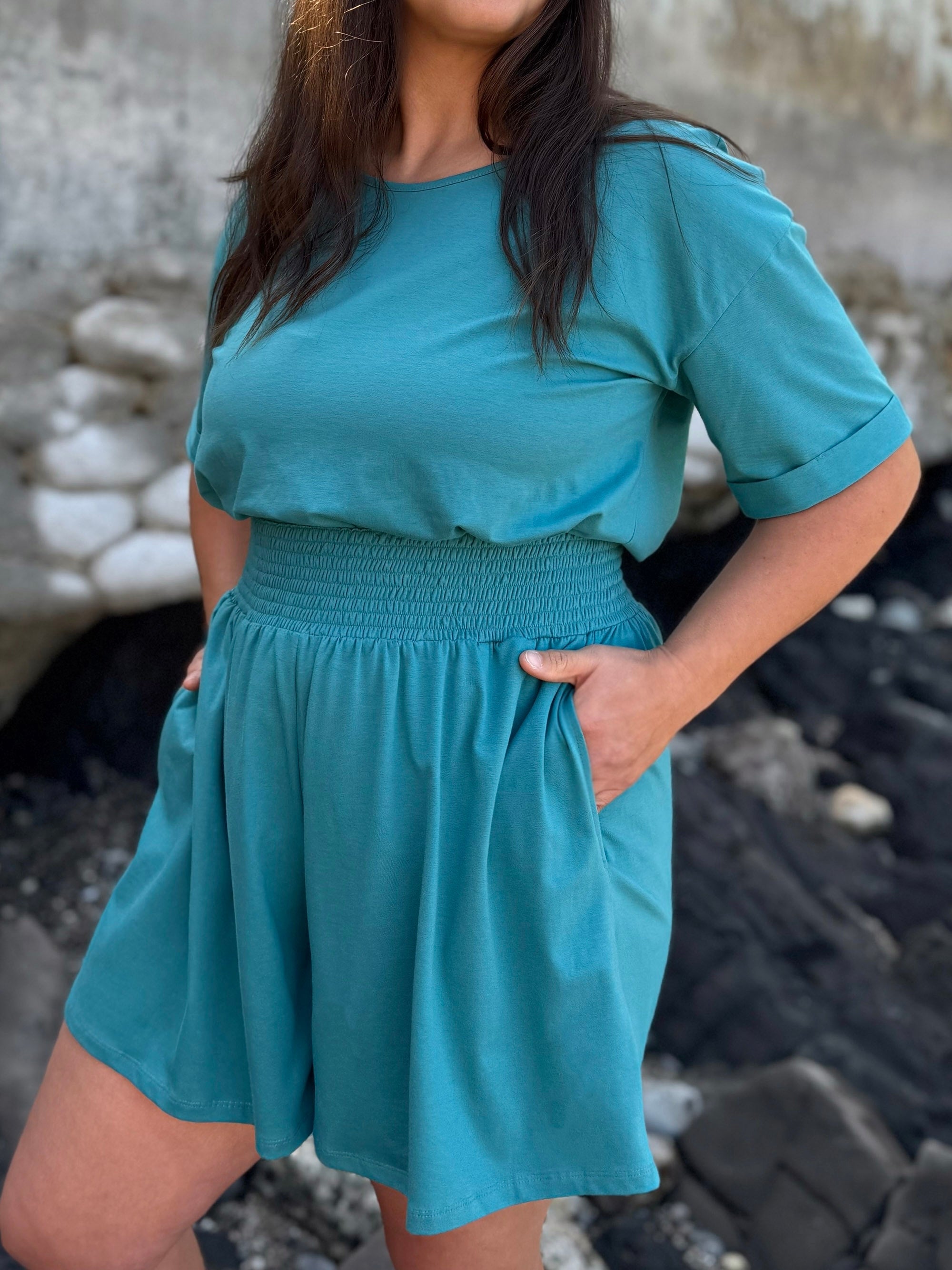 VENICE smocked shorts in Marine Teal