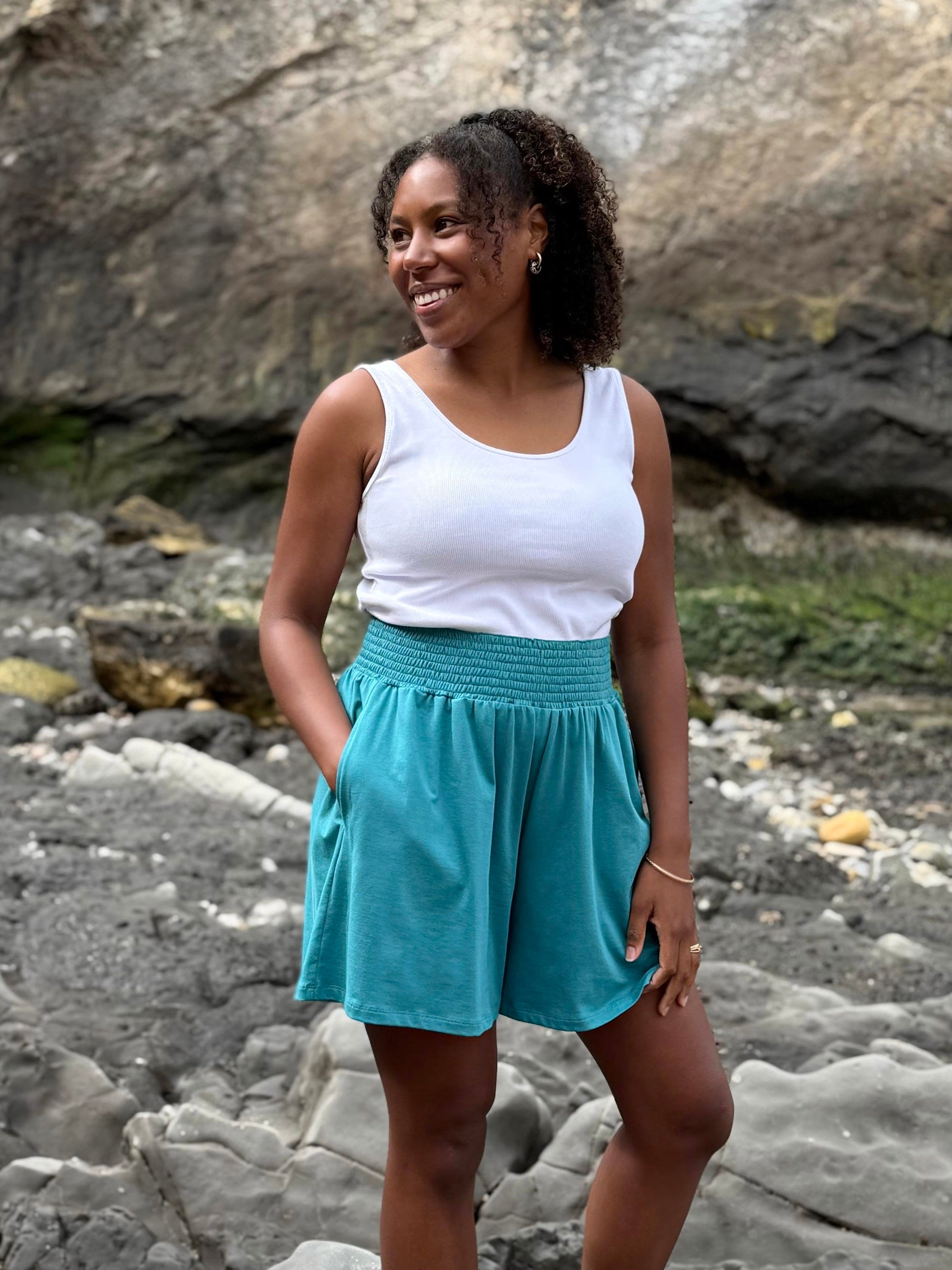 VENICE smocked shorts in Marine Teal