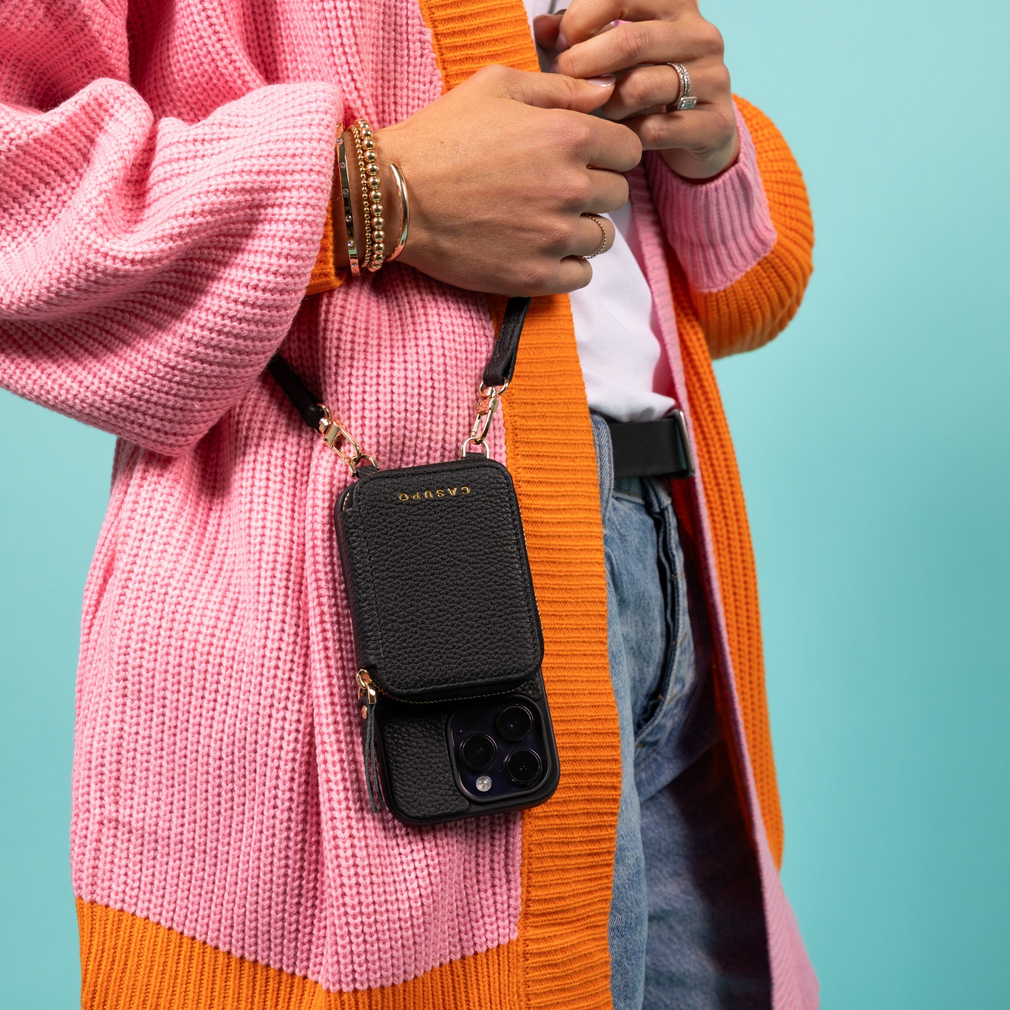 iPhone Case and Wallet with Long Strap - Black