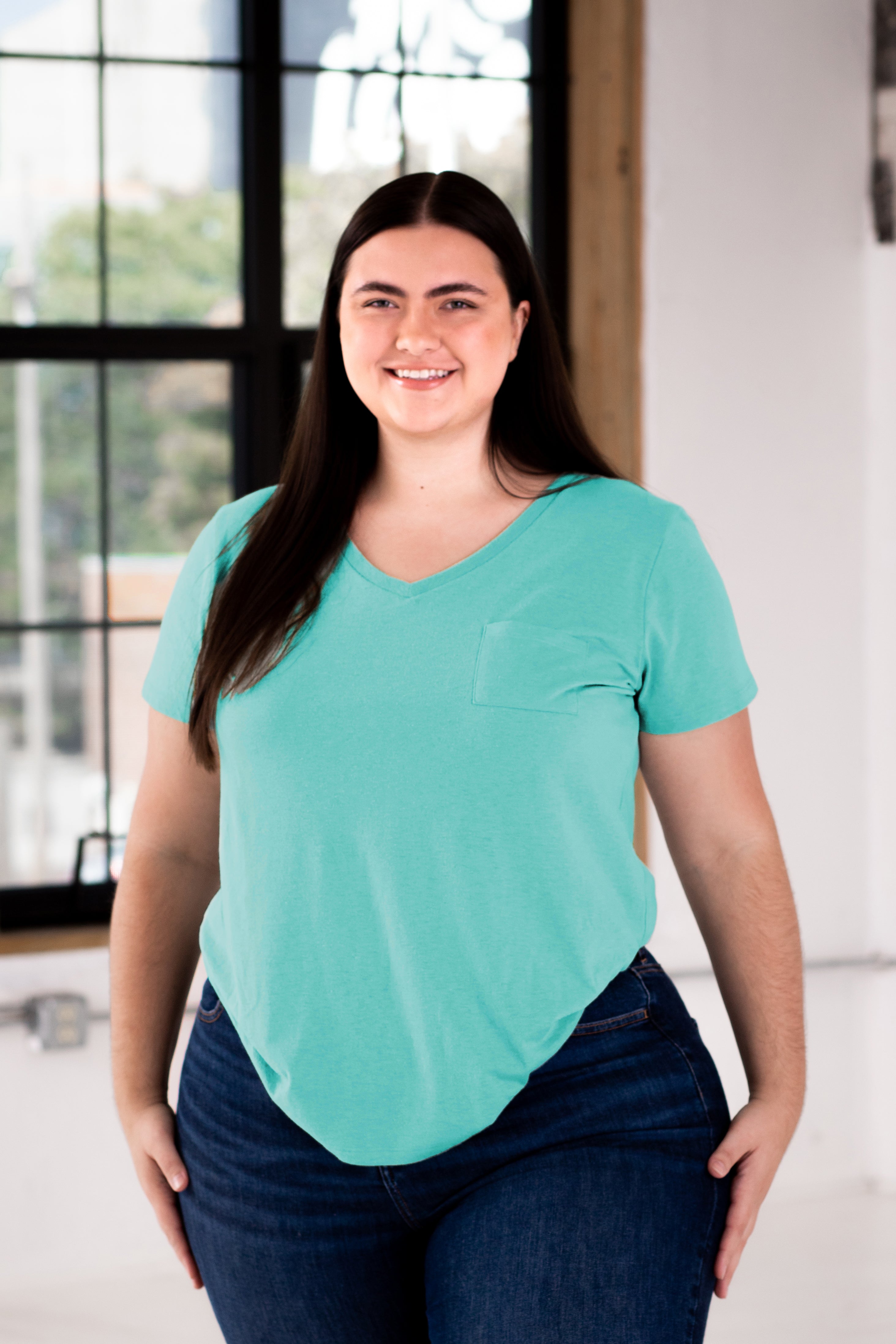 Ladies Eco-Triblend Drop Hem V-Neck Pocket Tee