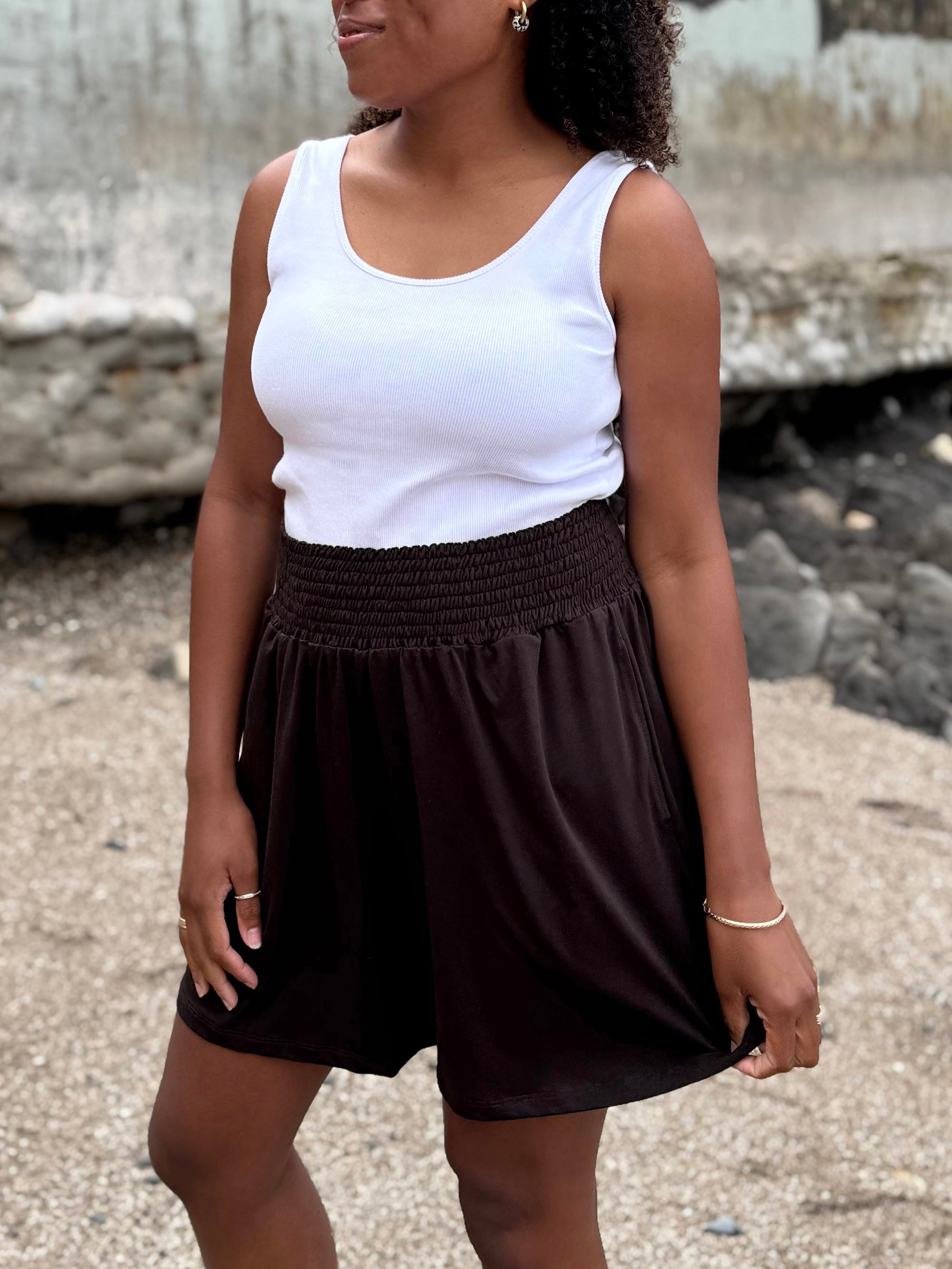 VENICE smocked shorts in Chocolate Torte