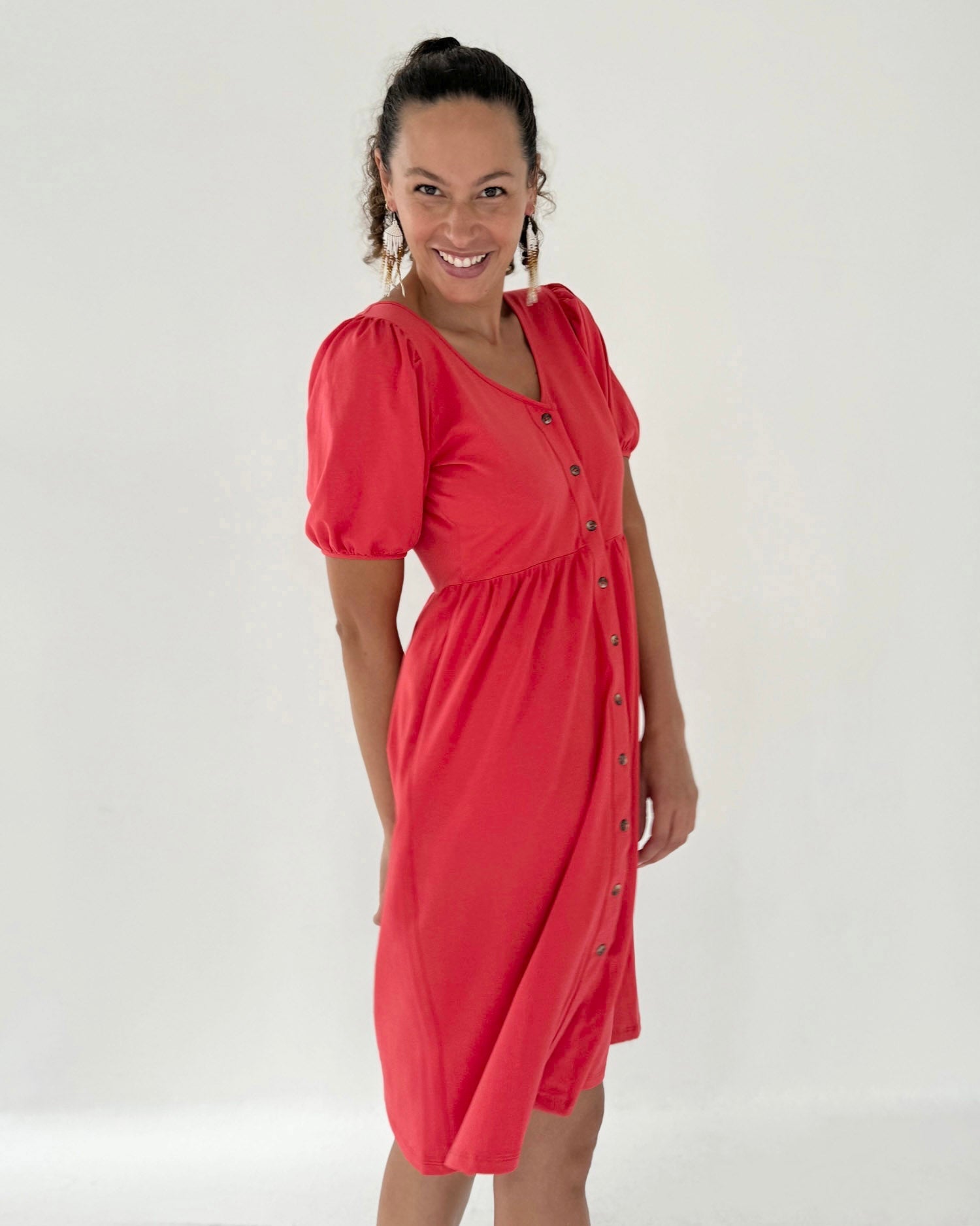 LOTTIE button dress in Coral Red