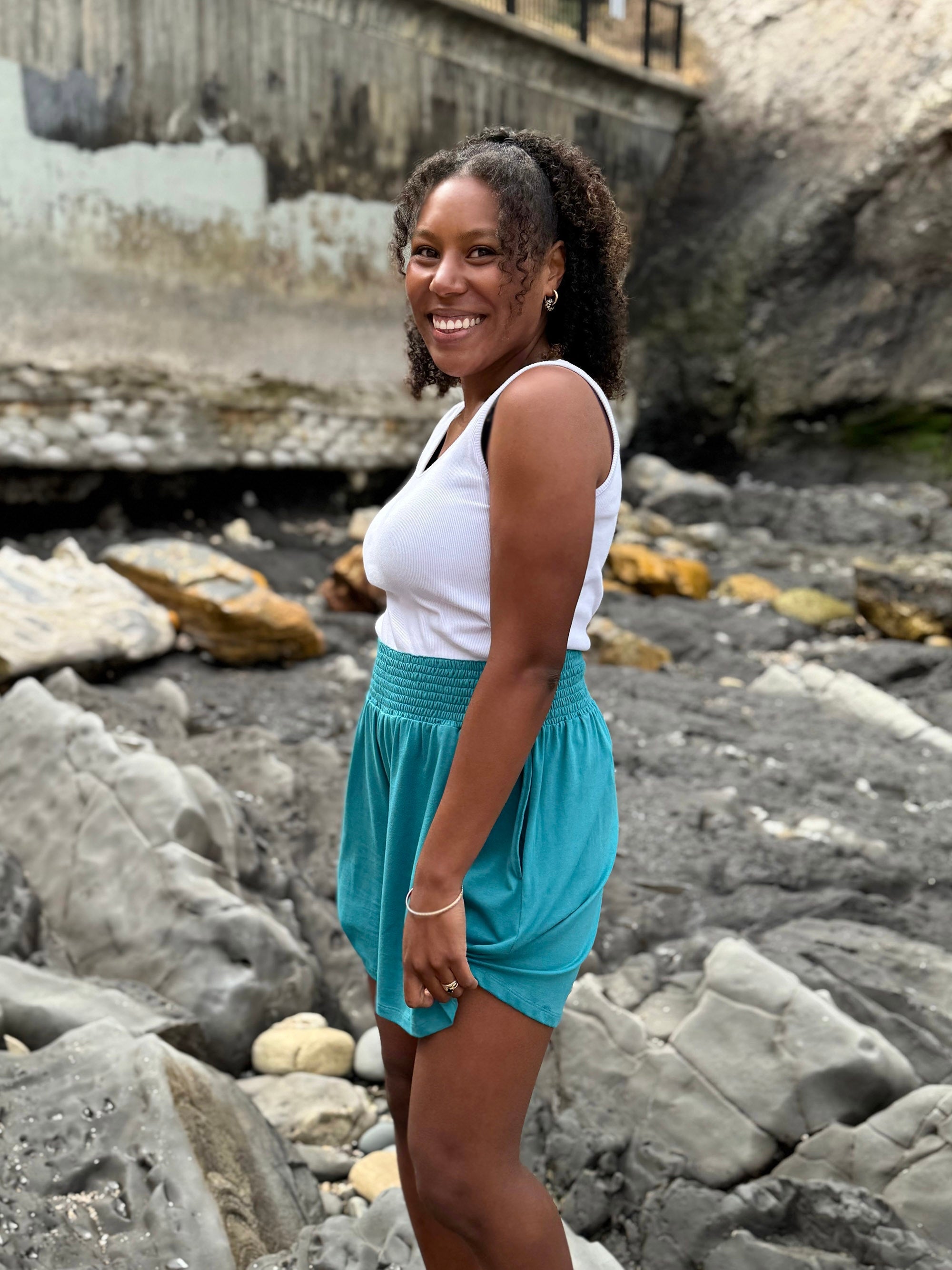 VENICE smocked shorts in Marine Teal