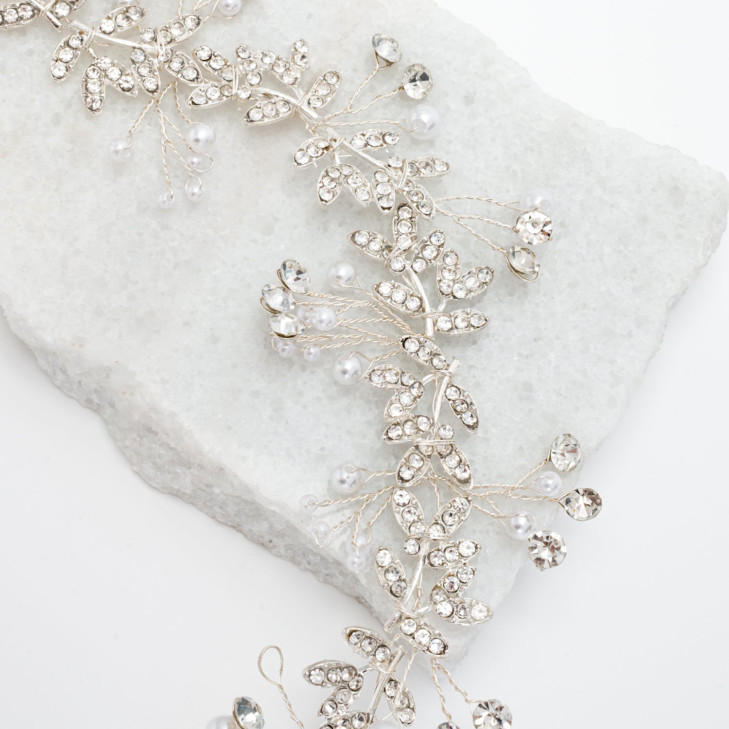 Ethereal Vine Silver Crystal and Pearl Silk Ribbon Headband