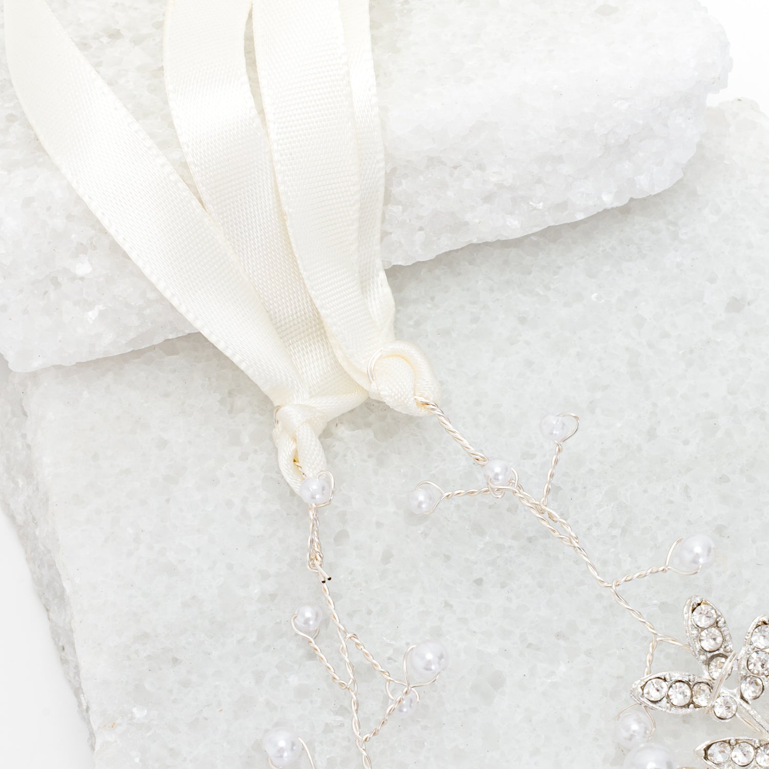 Ethereal Vine Silver Crystal and Pearl Silk Ribbon Headband