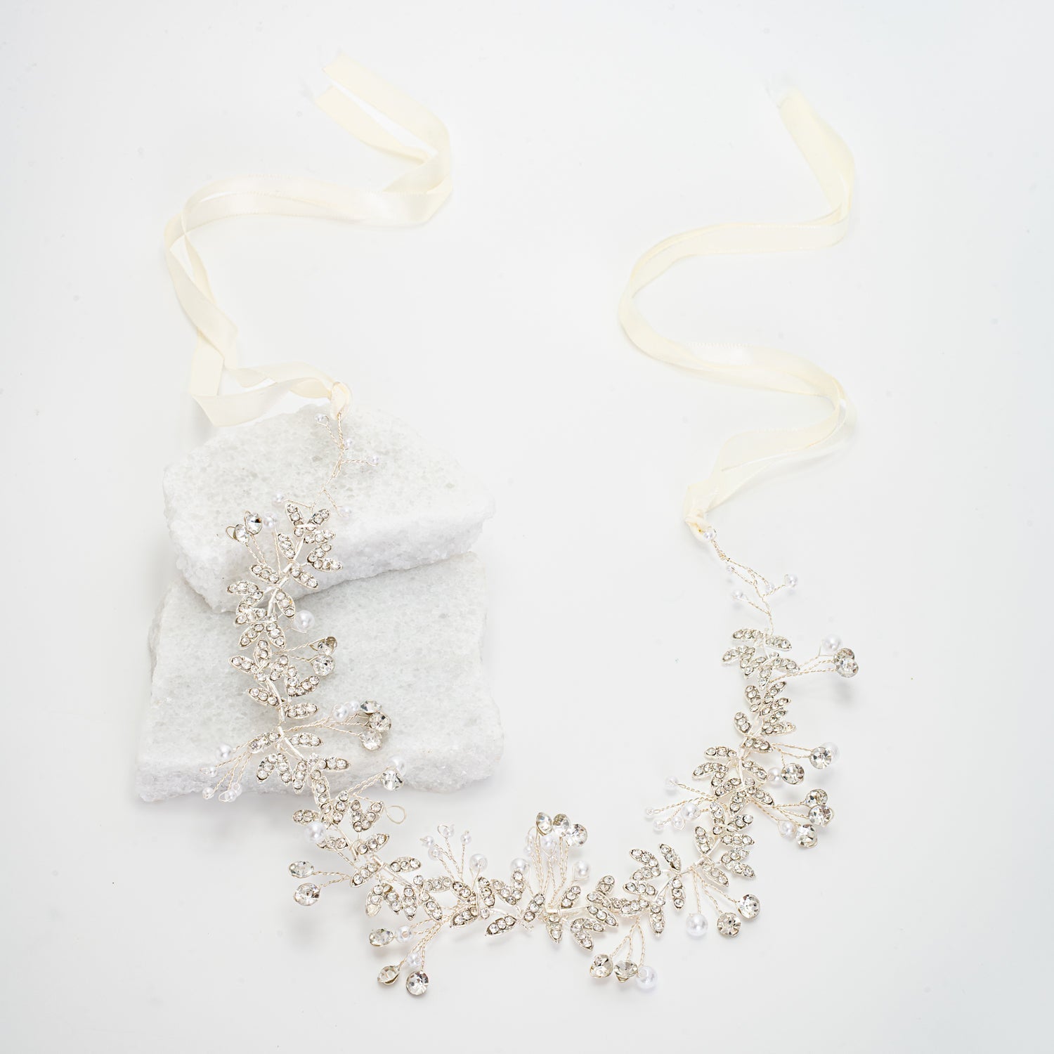 Ethereal Vine Silver Crystal and Pearl Silk Ribbon Headband