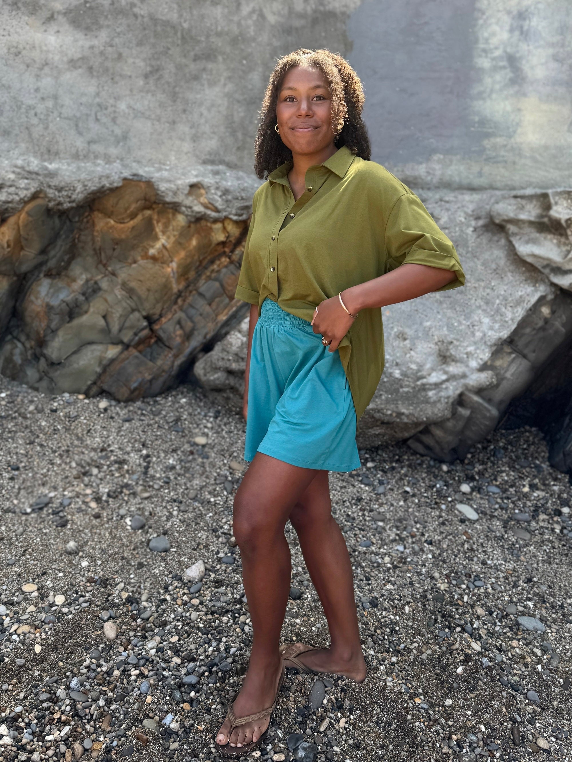 VENICE smocked shorts in Marine Teal