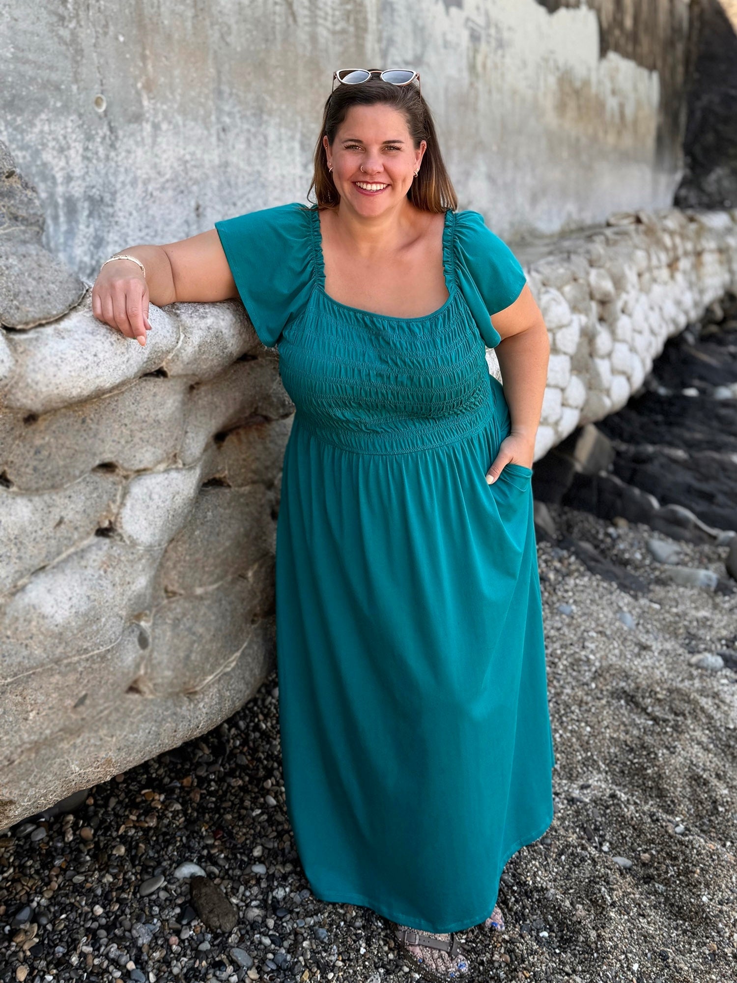 ADELIA smocked dress in Teal