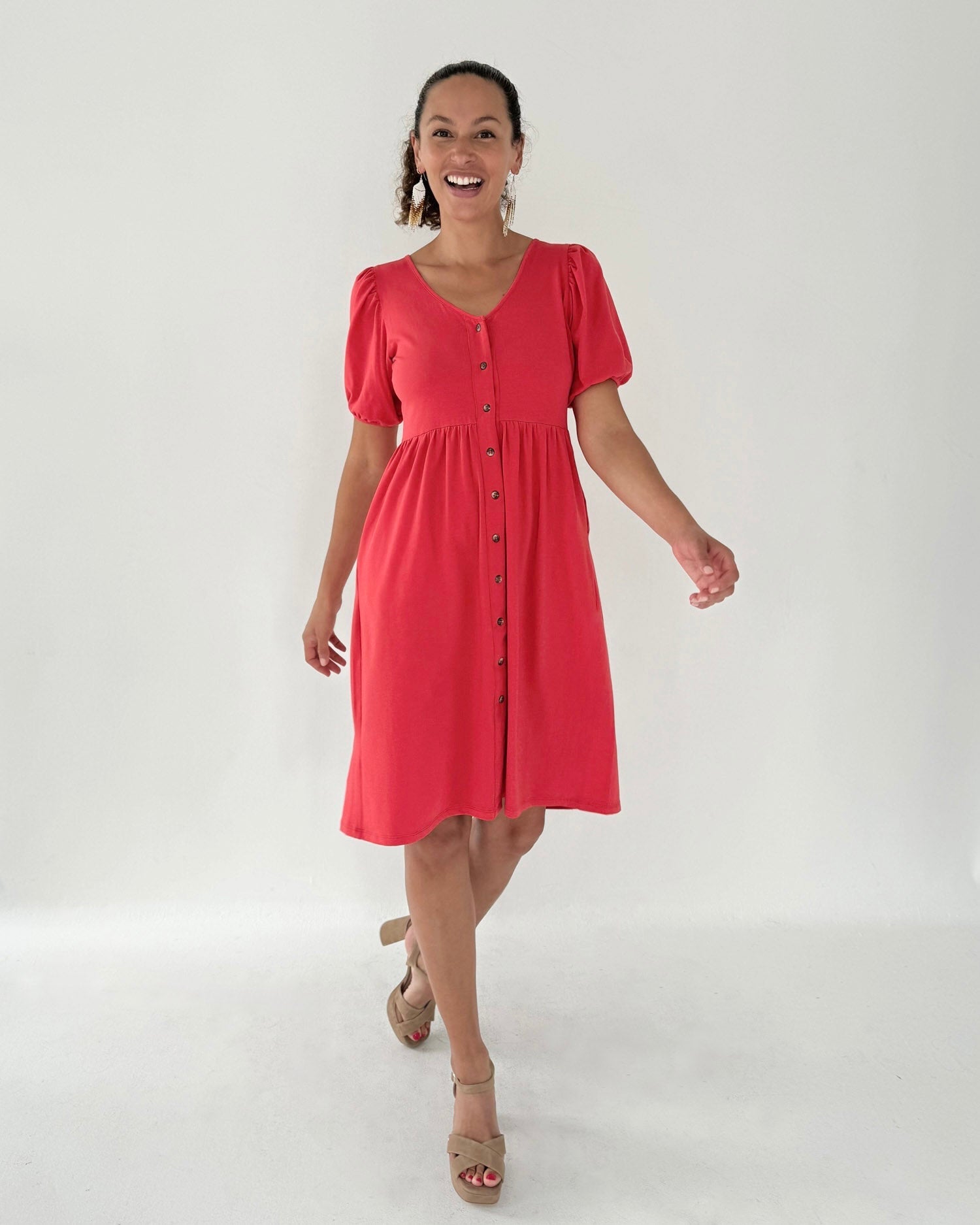 LOTTIE button dress in Coral Red