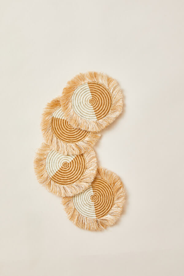 Akeza Fringe Coasters in White - Set of 4
