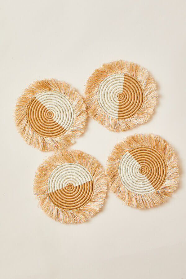 Akeza Fringe Coasters in White - Set of 4