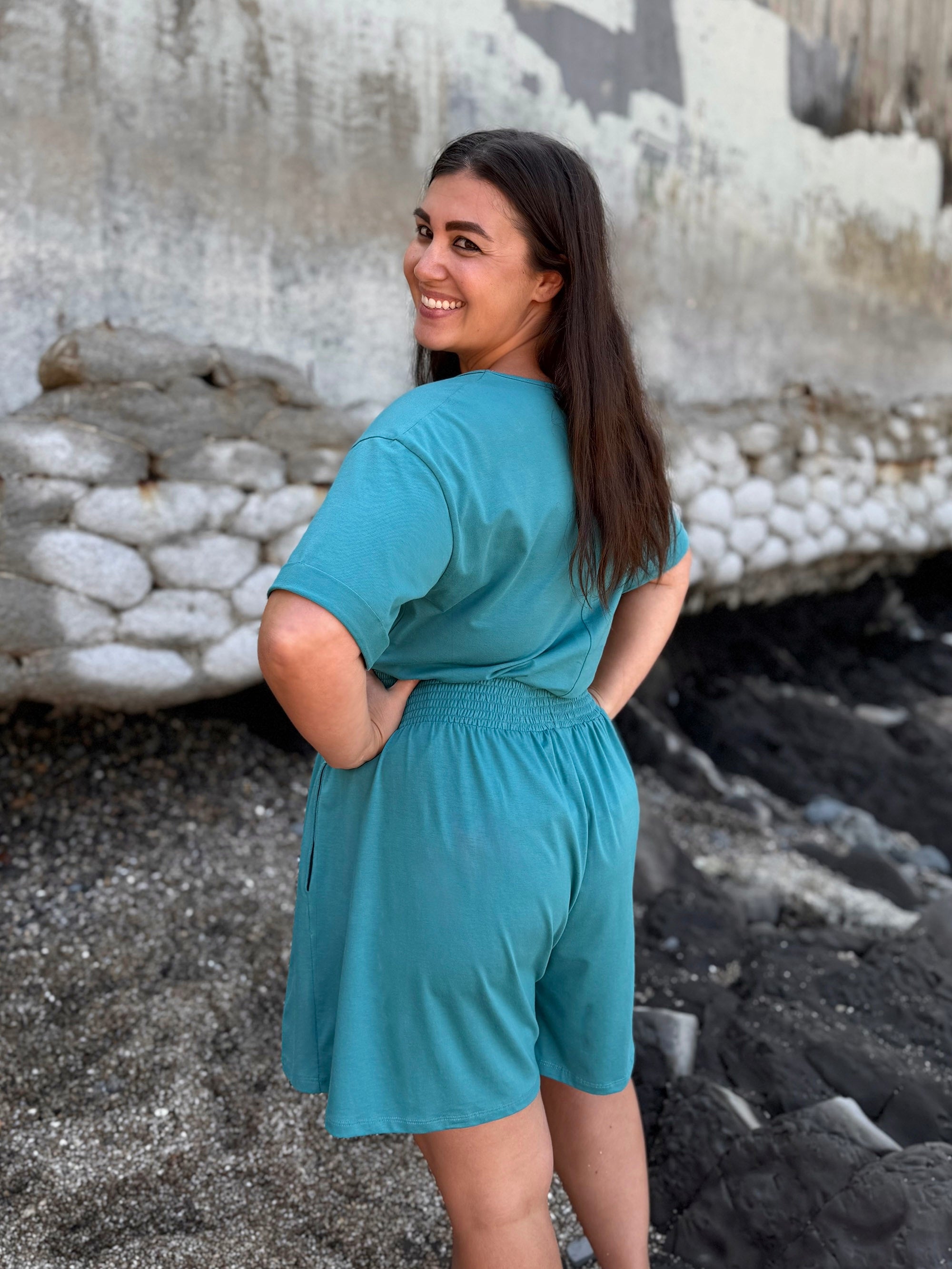 VENICE smocked shorts in Marine Teal