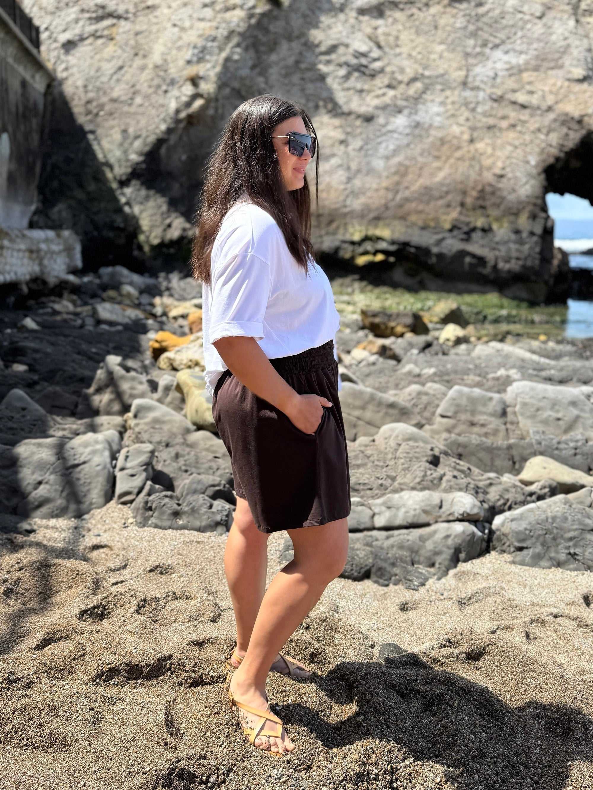 VENICE smocked shorts in Chocolate Torte