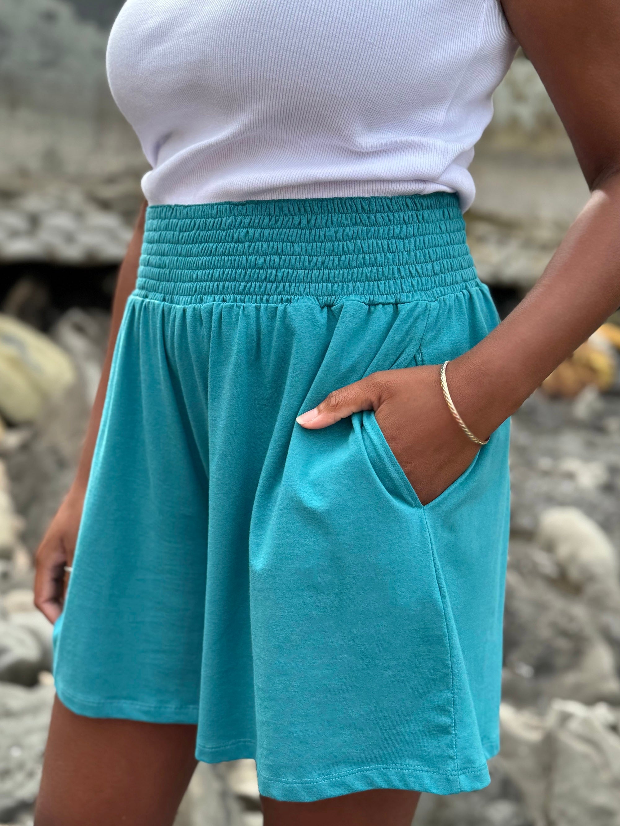 VENICE smocked shorts in Marine Teal
