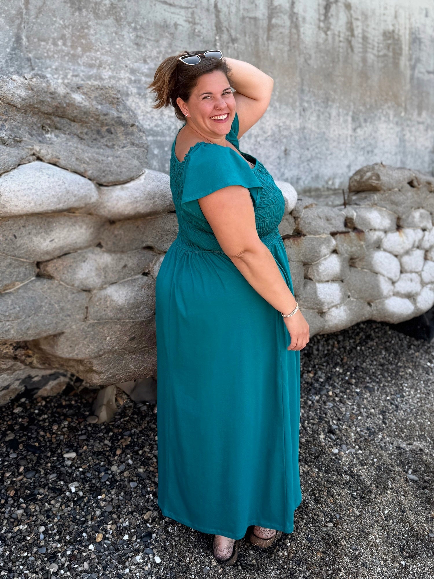 ADELIA smocked dress in Teal