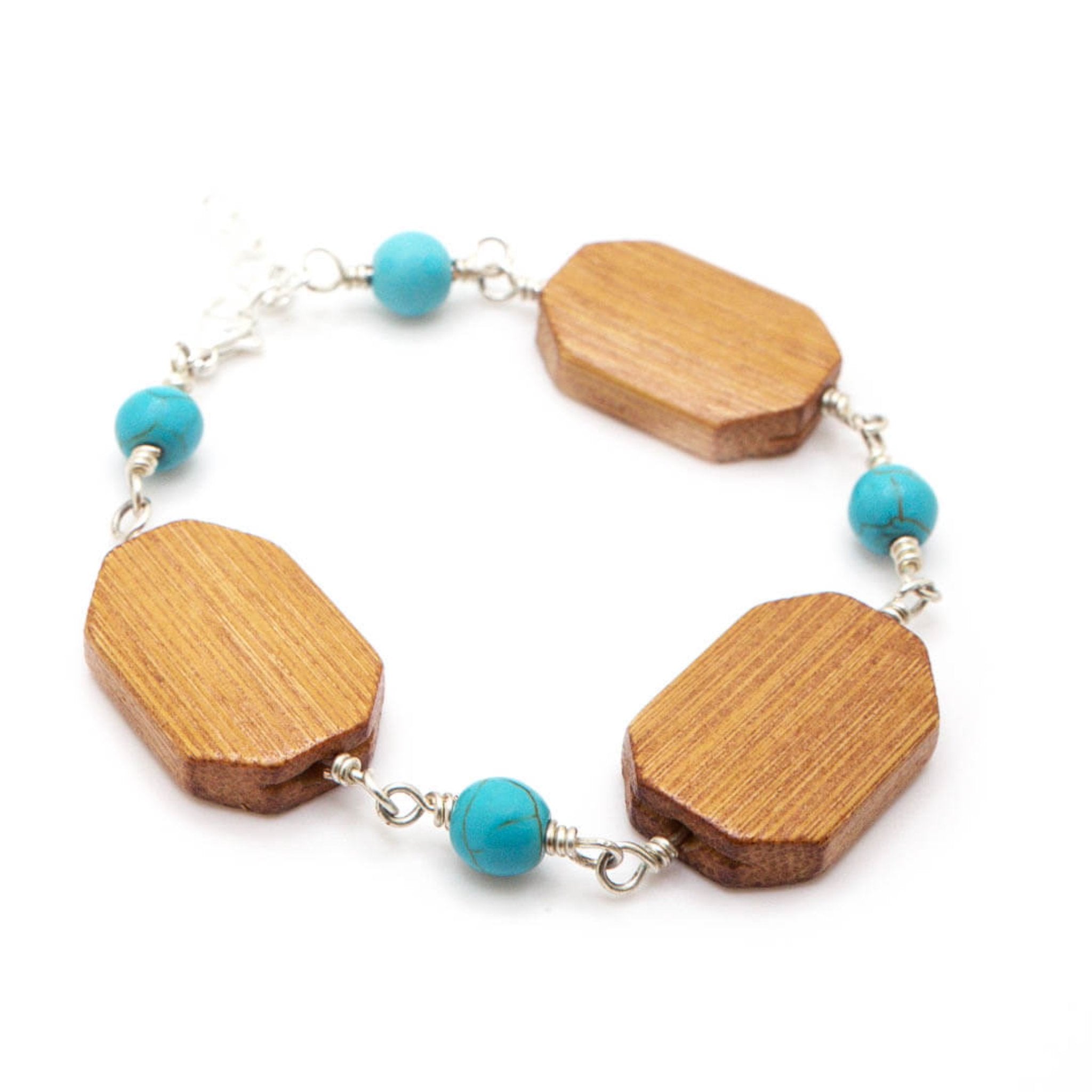 Jazmin turquoise and wood handmade silver link bracelet