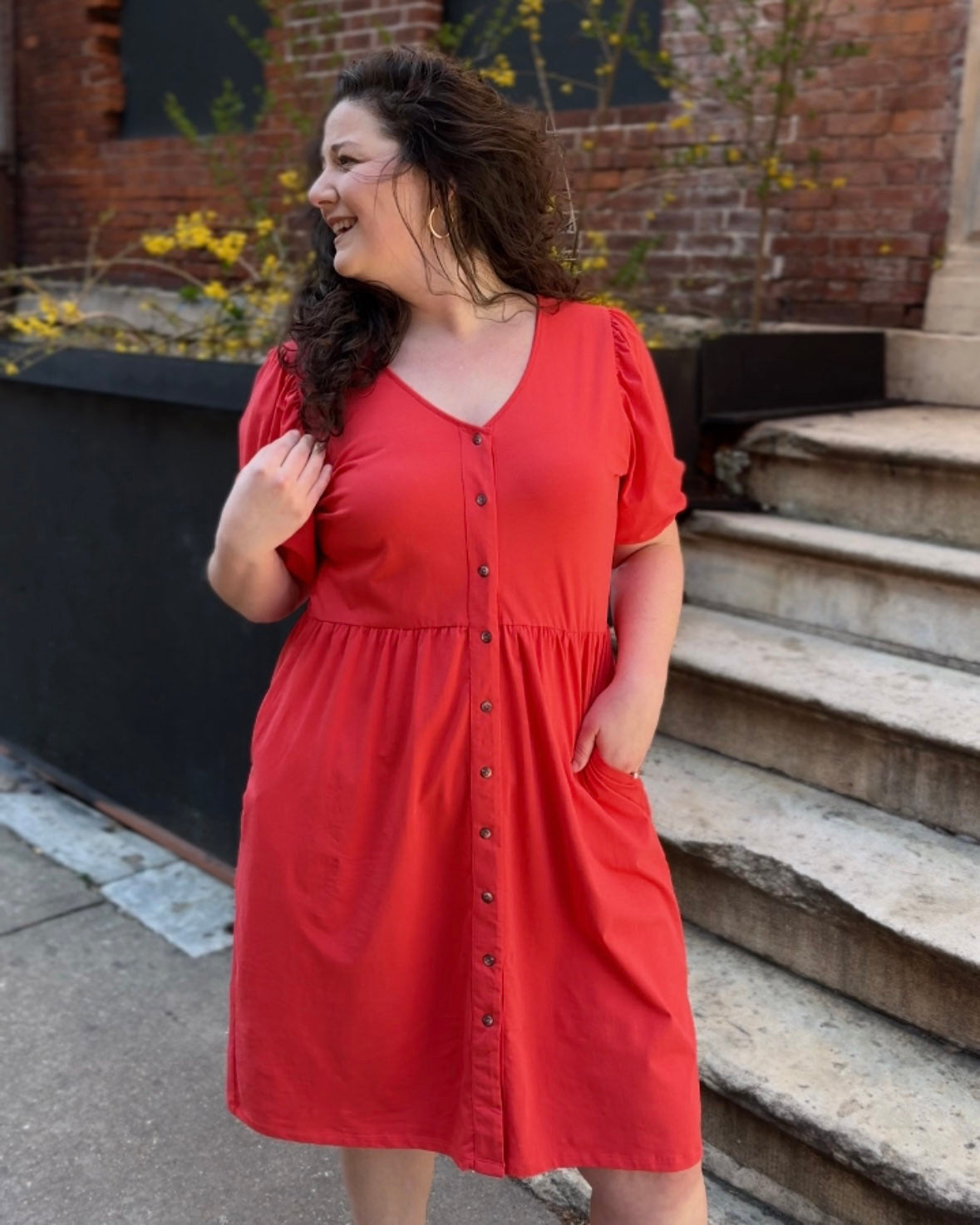 LOTTIE button dress in Coral Red