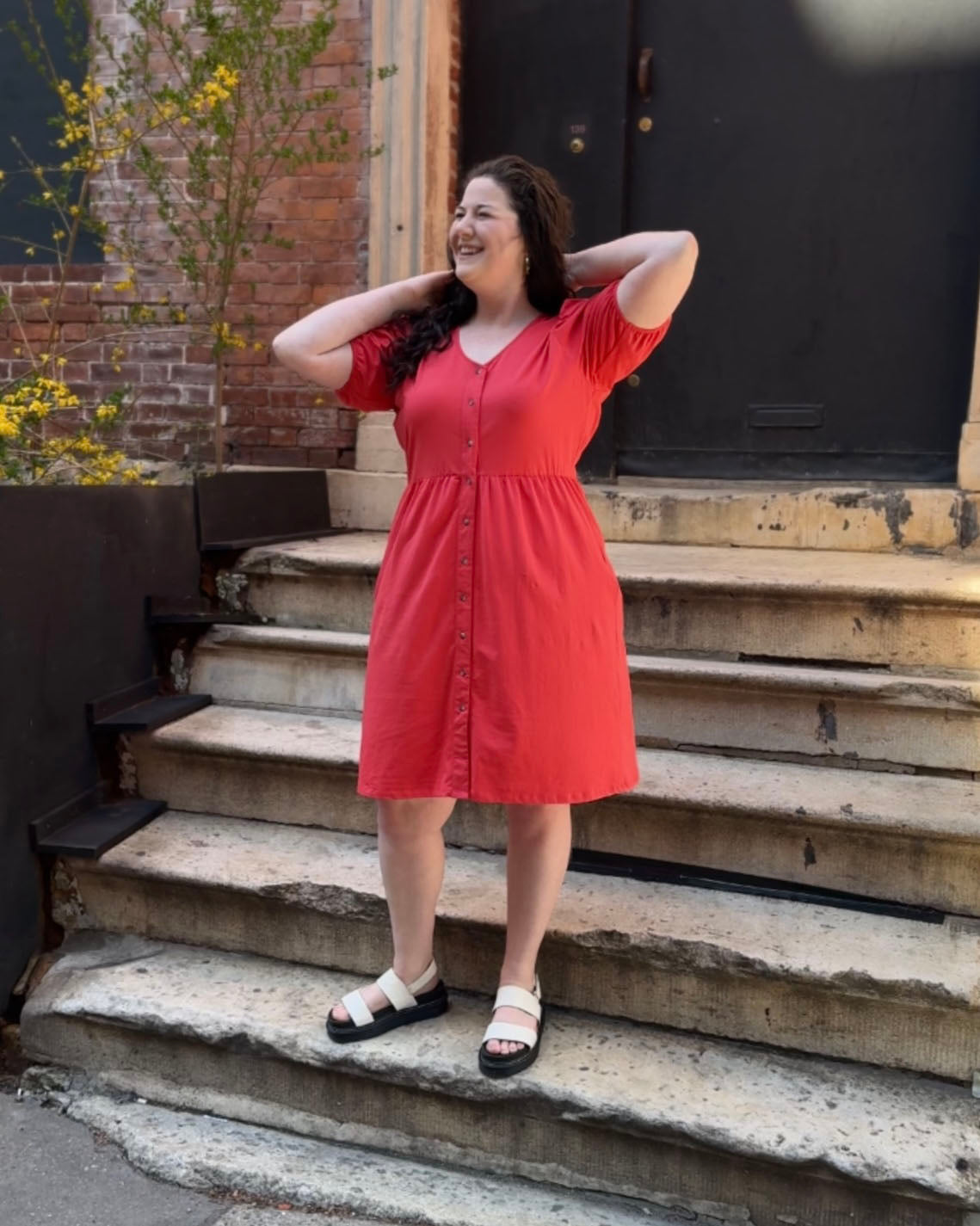 LOTTIE button dress in Coral Red