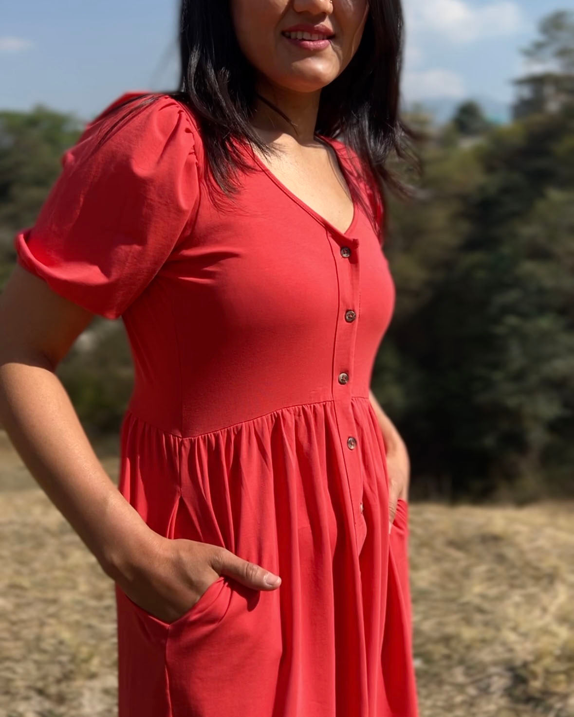 LOTTIE button dress in Coral Red