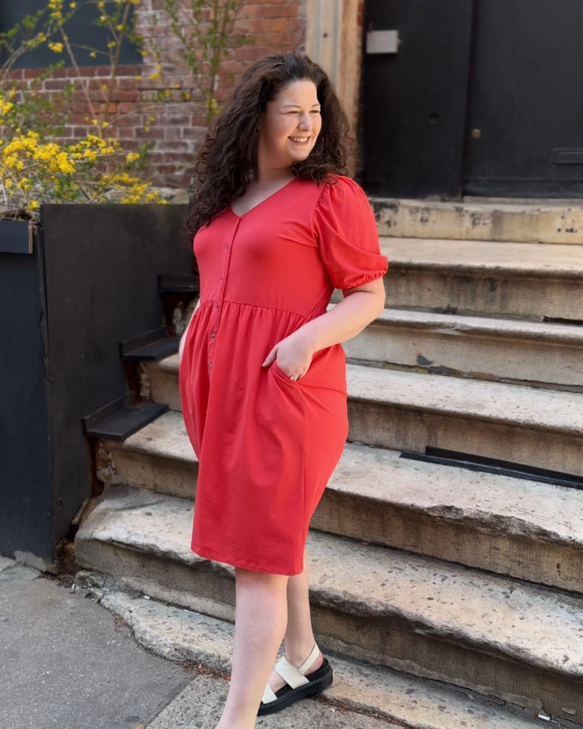 LOTTIE button dress in Coral Red