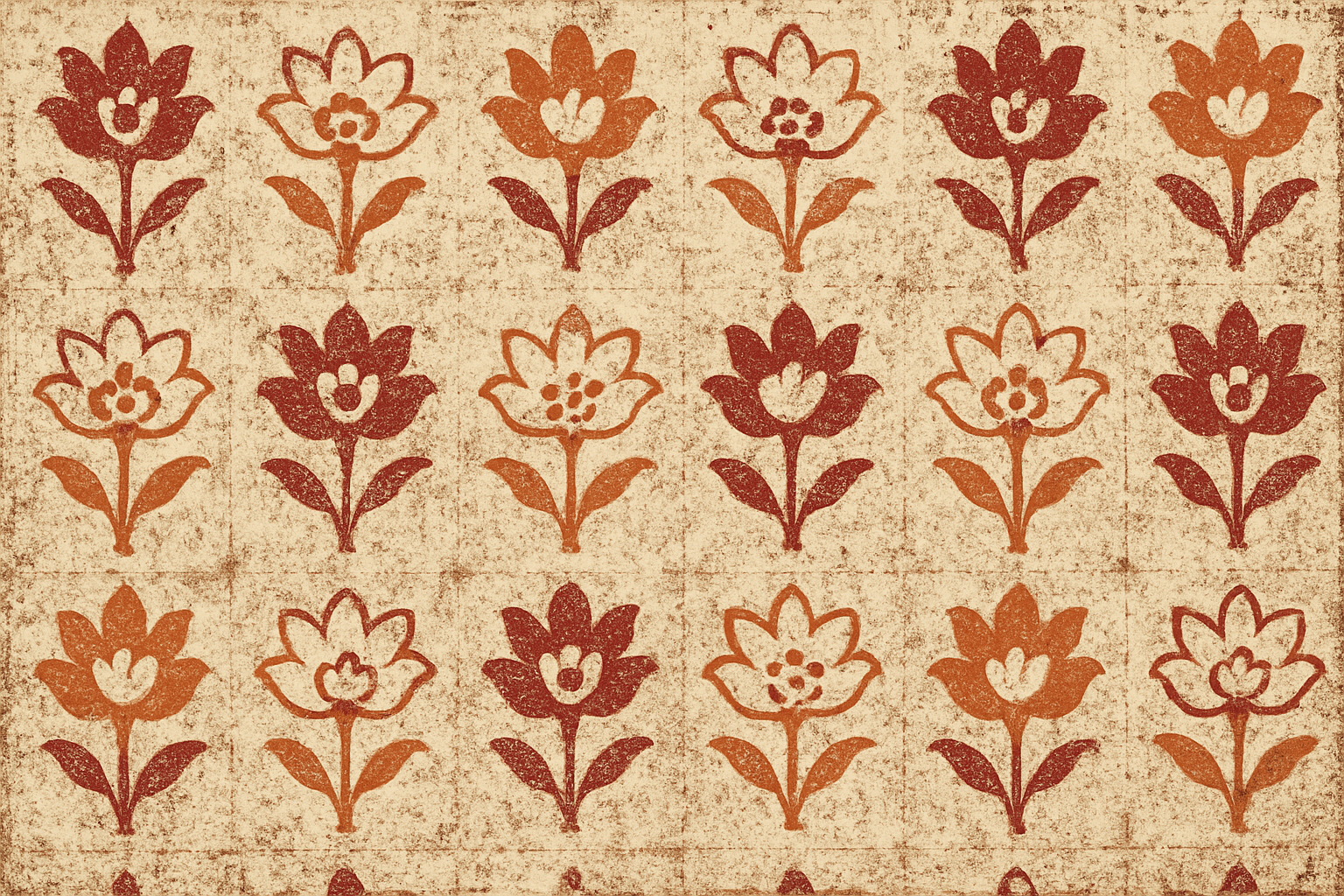 Indian block print pattern with red, orange and white flowers in a minimalistic, distressed vintage style